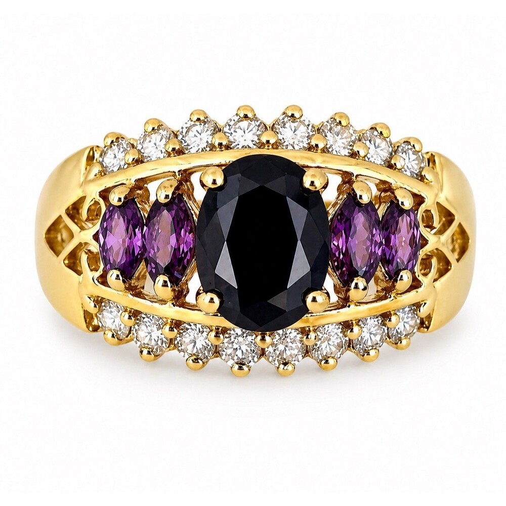 Vintage 1980s Ring Size 8 Purple CZ Cluster Pave Gold Plated Band - 14J